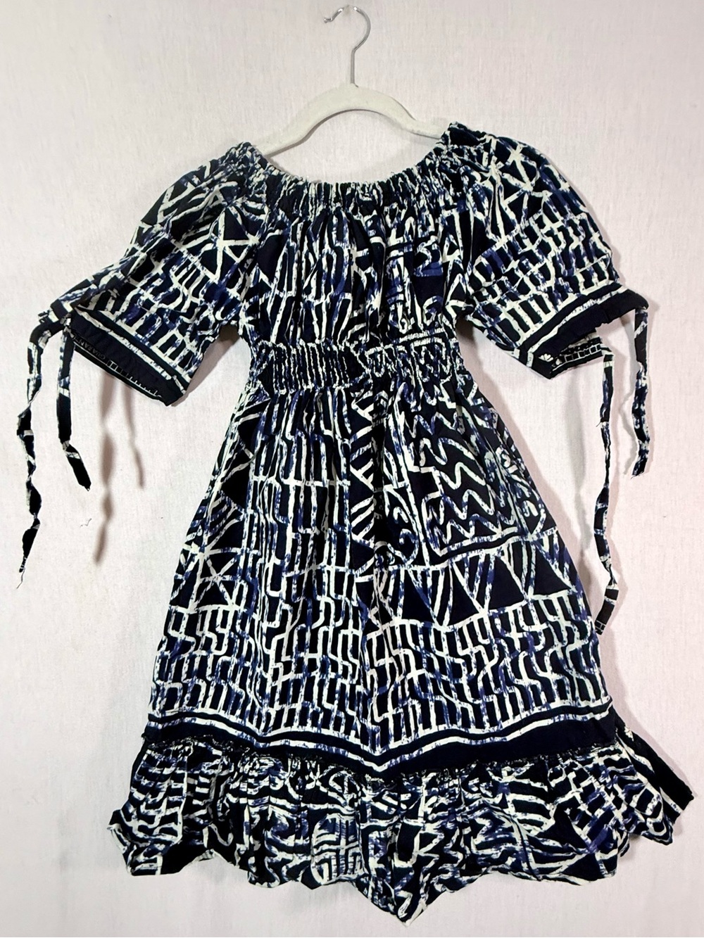 Handmade S/XS African print heavy cotton mini dress in navy/black and white